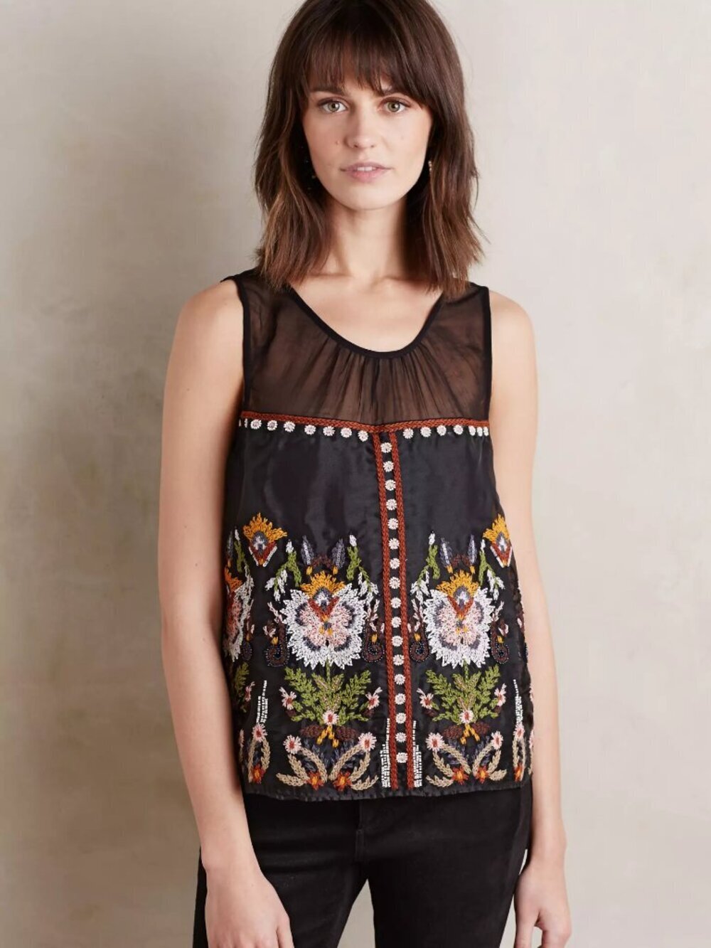Anthropologie FLOREAT Nalini Floral Embroidered Beaded Organza Blouse, Size 10